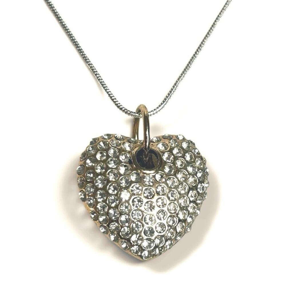 Puffy Heart Pave Rhinestones Pendant on Sterling Silver 925 Chain Necklace